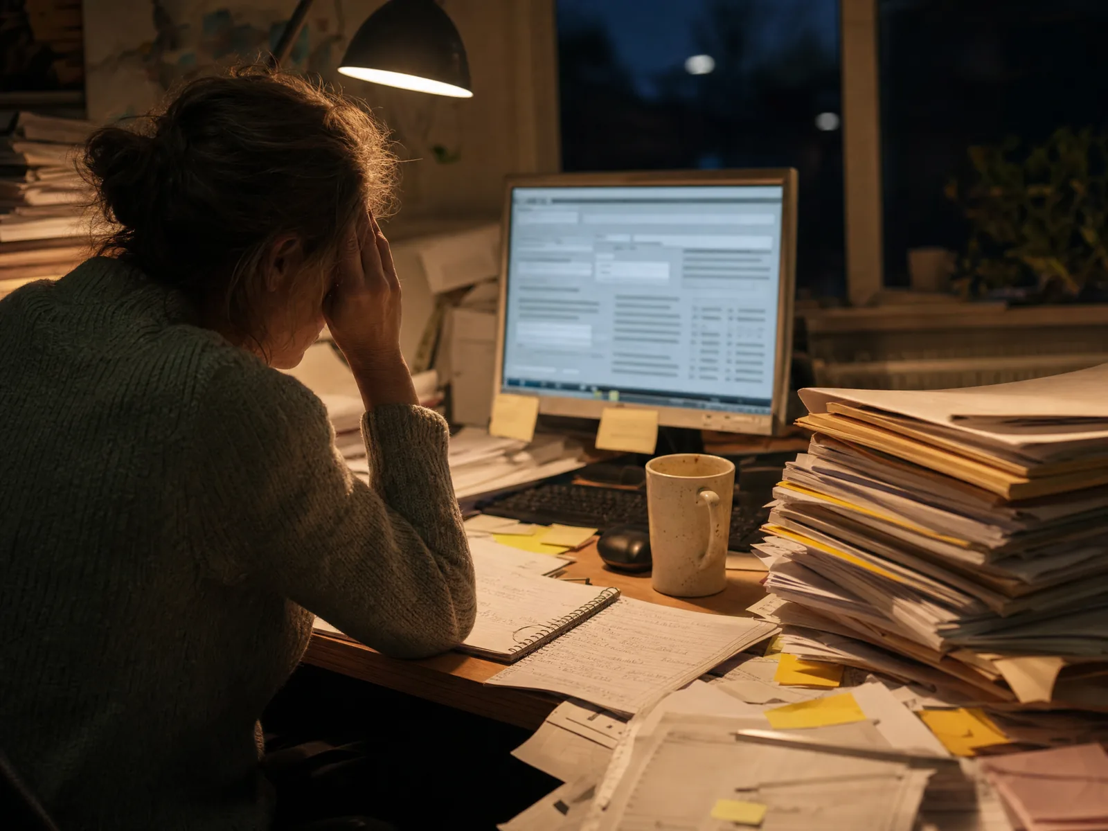 Overwhelmed healthcare professional surrounded by digital records and paperwork